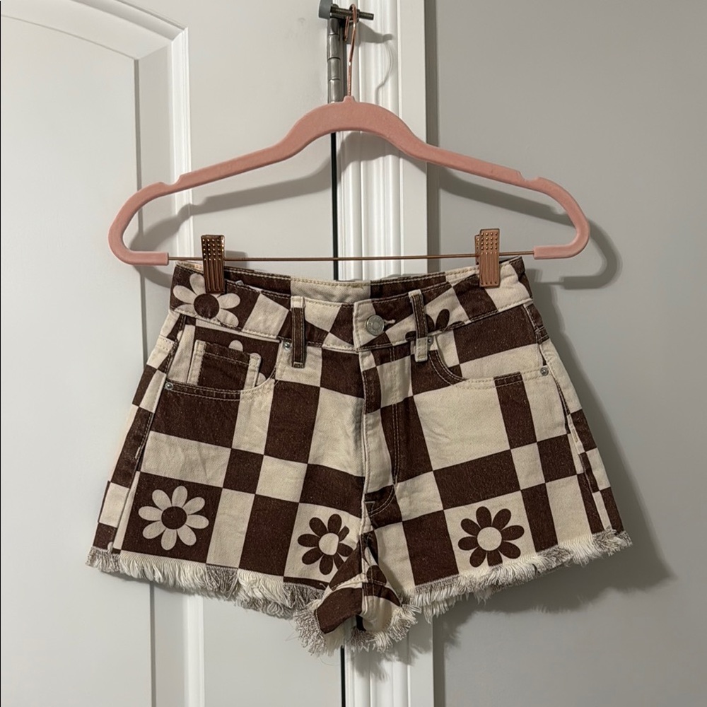 Pacsun Brown and Cream Checkered Women's Shorts - 23